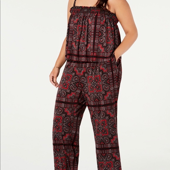 0X 2X 3X INC Black & Red Smocked Paisley Jumpsuit - Picture 2 of 6